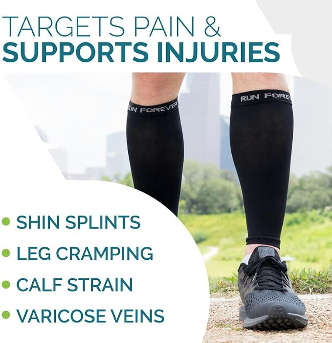 Run Forever Calf Compression Sleeve for Men & Women, 20-30mmHg Compression | Leg Sleeve for Shin Splints, Varicose Veins, Swelling & Pain Relief | Footless socks for Running, Cycling & Travel