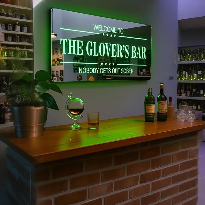 Custom Mirror Bar Sign, Handmade Personalized 3D Bar Led Light Sign for Wall Decor, Light up Mirror Sign for Home Man Cave Club Pub Shop Cafe Party Backard Patio, Best Gift for Dad Men