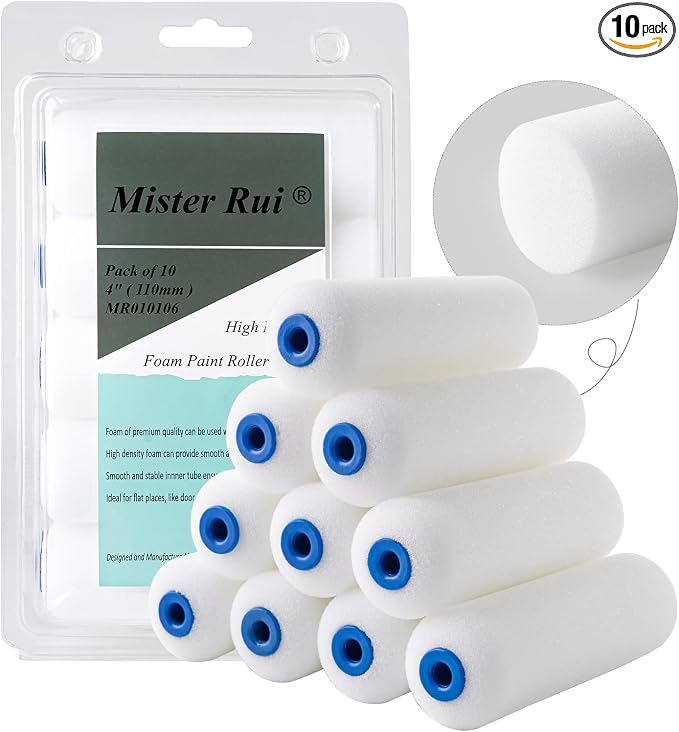 Mister Rui High Density Foam Paint Roller, 10 pcs, 4 Inch Mini Paint Roller | Small Paint Roller Covers for Painting Walls, Furniture Painting, One-Side Flat Design for Corners and Tight Spaces & Edge
