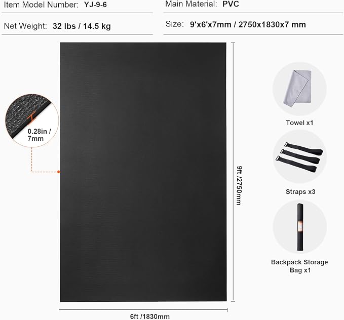 VEVOR Large Exercise Mat, 12'x6'/10'x6'/9'x6'/8'x6'/8'x5'/7'x5'/6'x4' (7mm) Extra Thick, Non Slip High Density Premium Workout Mat, Exercise Yoga Mat for Men & Women, Fitness & Exercise Mat with Bag & Carry Strap, for All Types of Home Yoga, Pilate & F...