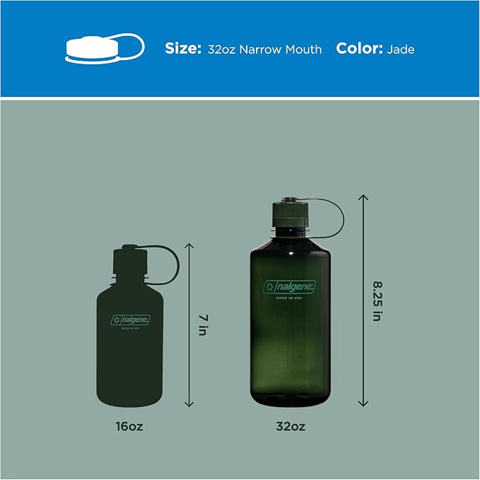 Nalgene 32 oz Narrow Mouth Water Bottle, Jade | BPA-Free, Durable & Lightweight, Leak Proof, Dishwasher Safe, Large Reusable Plastic Bottle for Hiking, Gym, Work & Travel