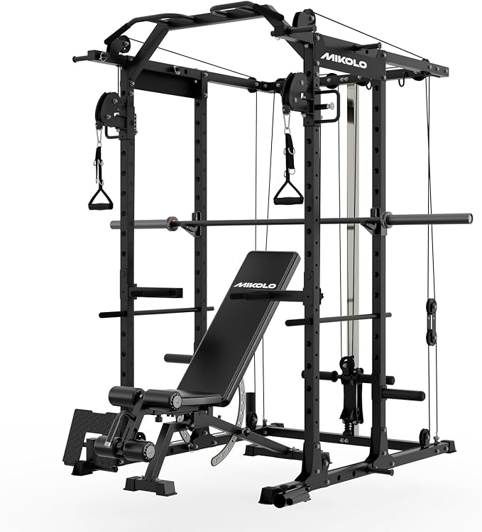 Mikolo Power Cage, Power Rack with Cable Crossover System, 1500LBS Squat Rack with LAT Pull Down System, Workout Cage with Pulley System for Fitness Home Gym