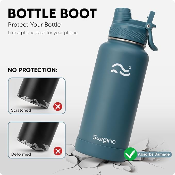 Swigina Insulated Water Bottle with Silicone Boot (36hrs Cold/18hrs Hot) - DIY Stickers, Leakproof, BPA Free, 24 oz [2-IN-1 LID]