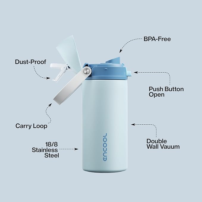 Insulated Water Bottle with Straw - Encool Stainless Steel Water Bottle with Push Button Lid, Leak-Proof & BPA-Free, Keeps Cold for 24 Hours for Sports, Travel, Gym (18 oz, Jungle Mist)