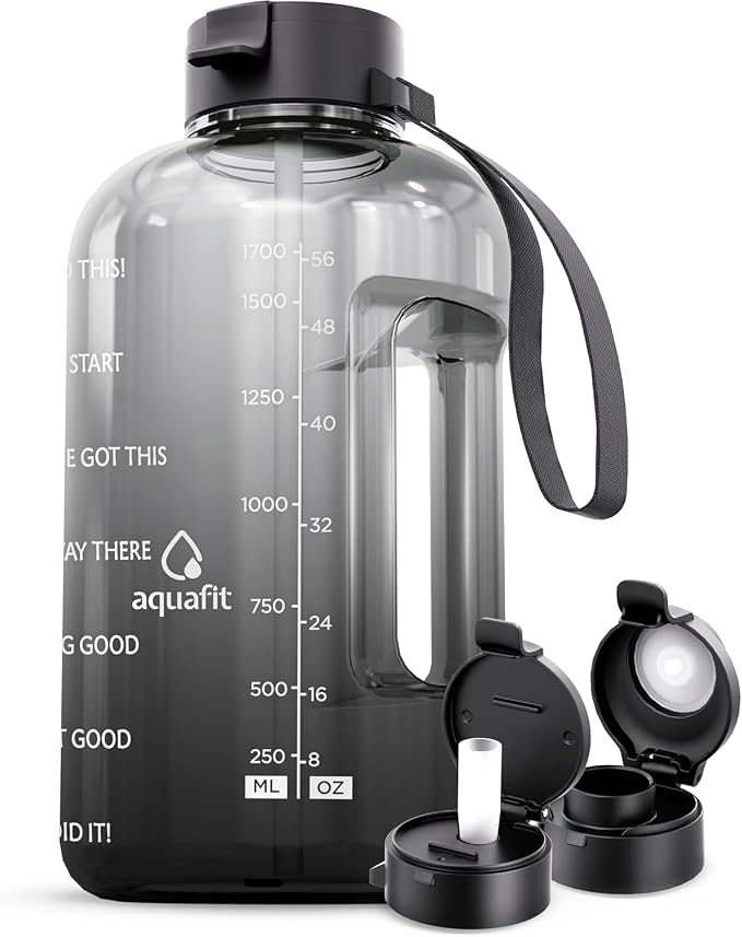 AQUAFIT Half Gallon Water Bottle with Motivational Quotes | BPA Free 64 oz Water Bottle with Straw and Chug Lids - Leakproof Gym Water Bottle with Carry Handle (Midnight Gray)
