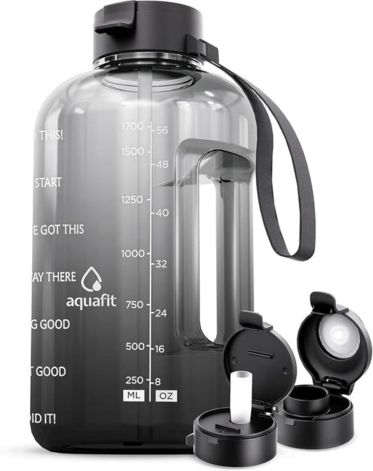 AQUAFIT Half Gallon Water Bottle with Motivational Quotes | BPA Free 64 oz Water Bottle with Straw and Chug Lids - Leakproof Gym Water Bottle with Carry Handle (Midnight Gray)
