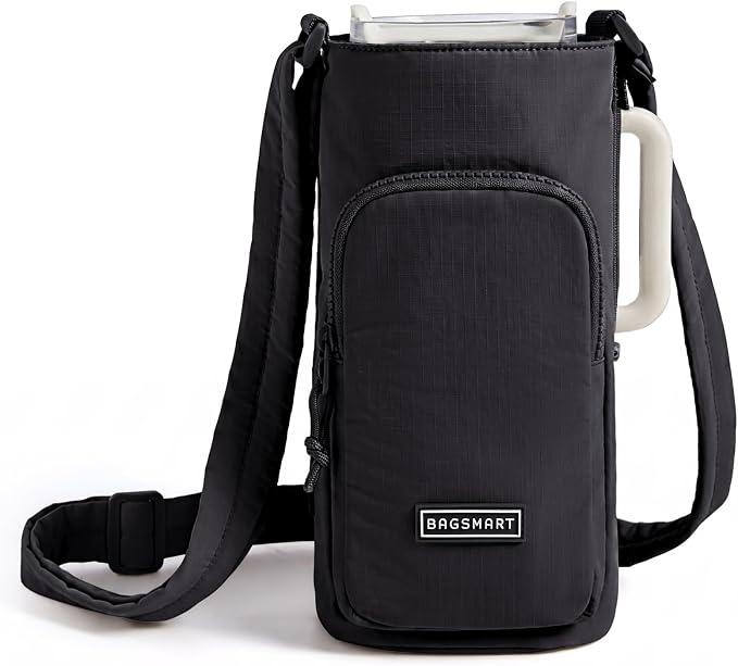 BAGSMART 40oz Water Bottle Holder with Strap, Quilted Gym Accessories | Magnetic or Classic Design, Lightweiht Tumbler Drink Carrier, Quilted Crossbody Purse
