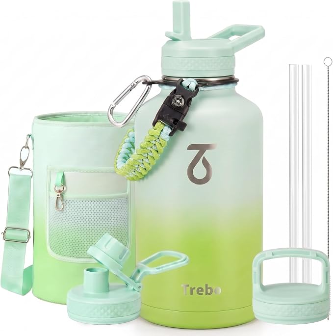 Trebo 64 oz Water Bottle Stainless Steel with 3 Lids, Paracord Handle & Bag | Half Gallon Large Insulated Jug, Triple Wall Vacuum Copper Plated, Dishwasher Safe, Cold 48Hrs for Outdoor, Hiking, Gym