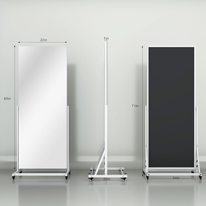 Full Length Rolling Mirror on Wheels, 71" x 24" Home Gym Mirrors with 360° Rotation, Standing Holder, Tempered Glass & Metal Frame, Use for Bedroom, Dance Studio, Fitness