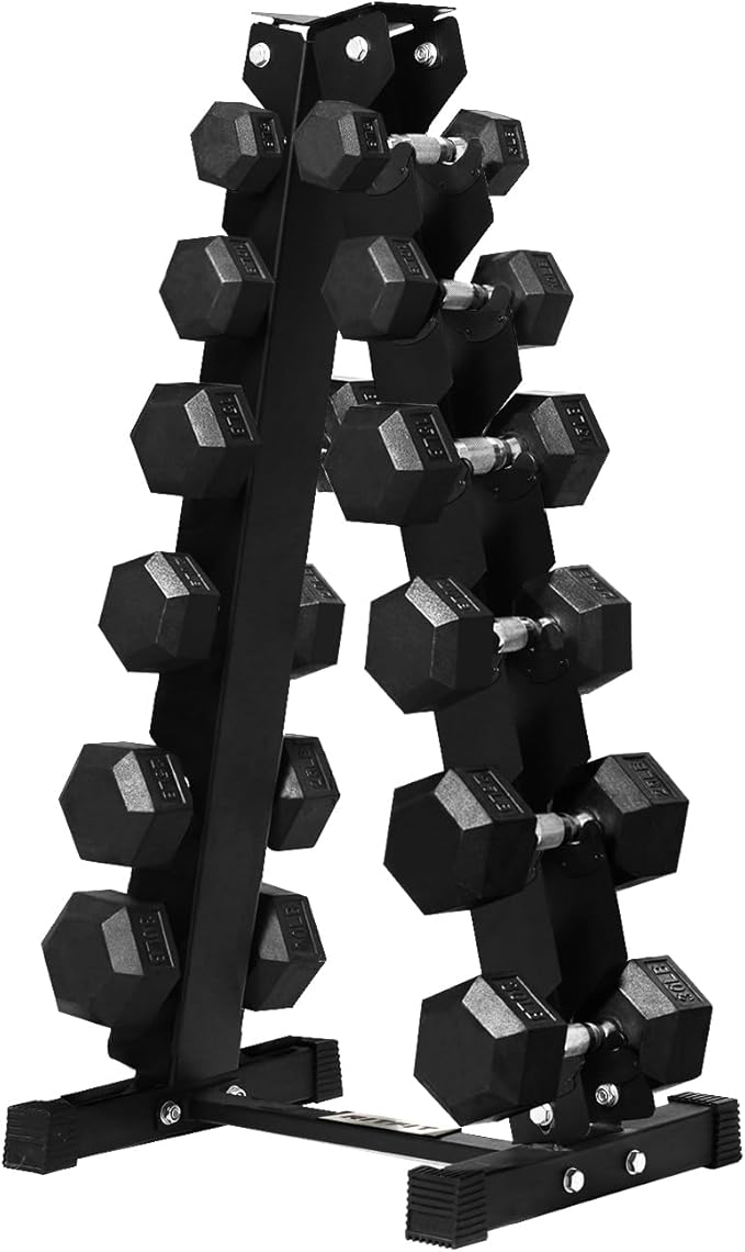 RitFit Rubber Hex Dumbbell Set with Storage Weight Rack | Rubber Heavy-Duty Coated Cast Iron, Knurled Chrome Handle, Space-Saving Storage for Home Gym Strength Training