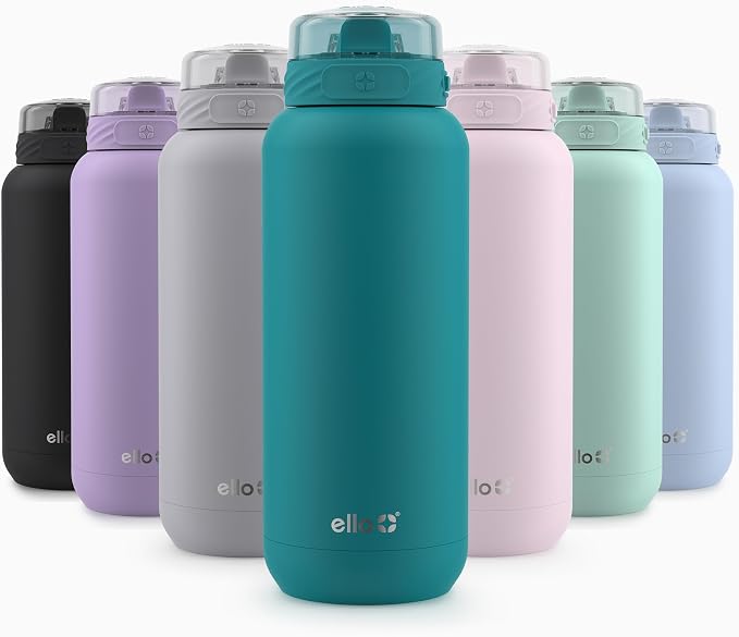 Ello Cooper 22oz Stainless Steel Water Bottle with Straw and Carry Handle, Double Walled and Vacuum Insulated Metal, Leak Proof Locking Lid with Soft Silicone Spout, Reusable, BPA Free, Antigua