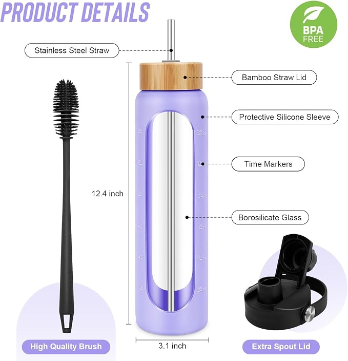 FULBEVY 32 oz Glass Water Bottles - 1 Liter Motivational Tumbler Water Bottle Time Marker - Borosilicate Glass Water Bottle With Silicone Sleeve and 2 Lids, Handle Spout & Bamboo Straw Lid (Purple)