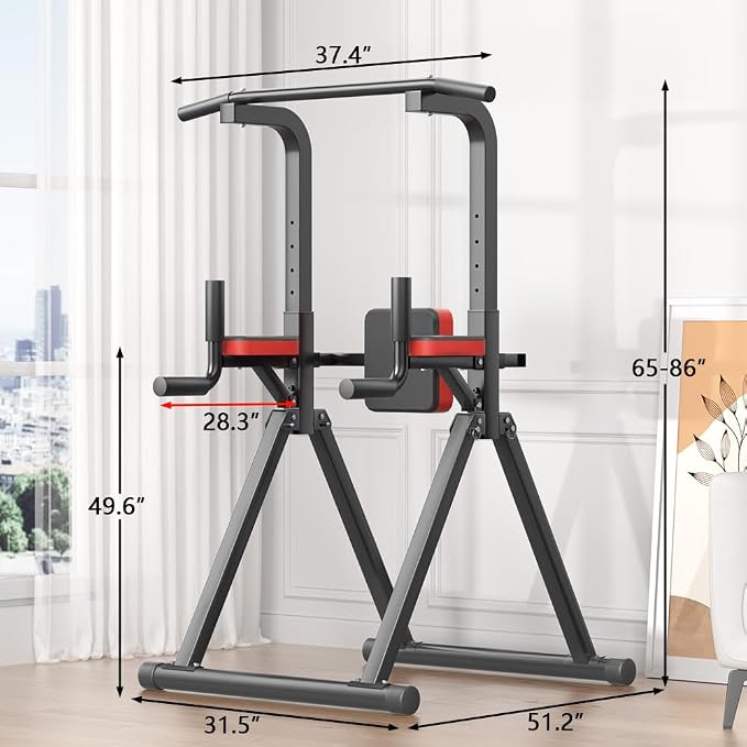Foldable Power Tower, Adjustable Multifunction Pull Up Bar Dip Station Rack