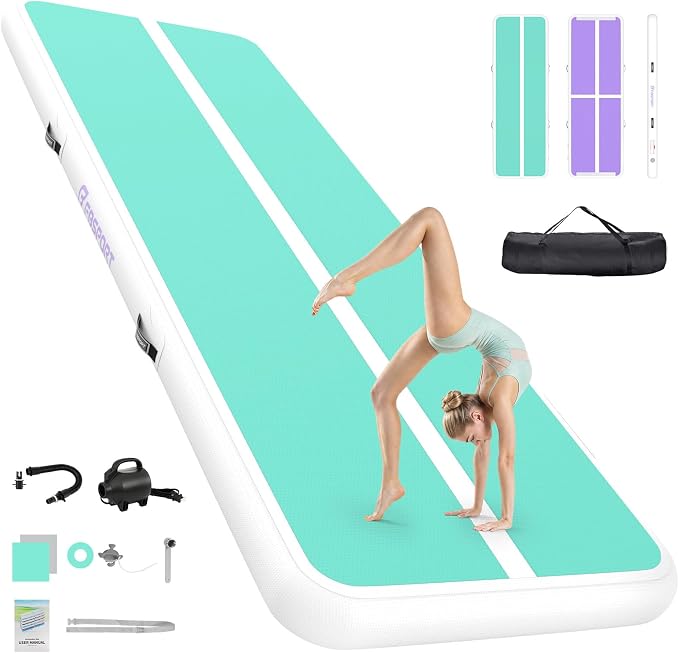 FBSPORT 6.6ft/10ft/13ft/16ft/20ft Inflatable Air Gymnastics Training Mat | 4/6/8 inches Thickness Inflatable Mat, with Electric Pump, Suitable for Home Training/Cheerleading/Yoga/Water