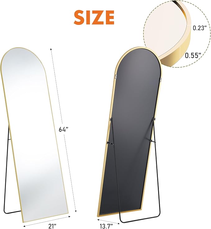 OLIXIS 64"x21.5" Arched Full Length Mirror with Stand, Body Mirror | Shatter-Proof Glass, Hanging or Leaning for Wall, Floor Standing, Bedroom Living Room, Long, Gold