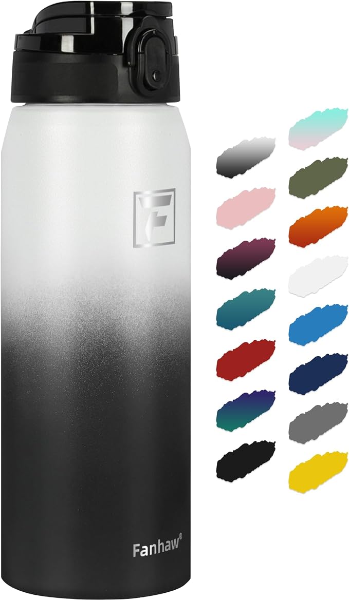 Fanhaw 24 oz Insulated Stainless Steel Water Bottle with Anti-Dust Chug Lid, Leakproof Vacuum Metal Everyday Use Bottle for Kids, Teens & Adults, Back to School Essentials (White Black)