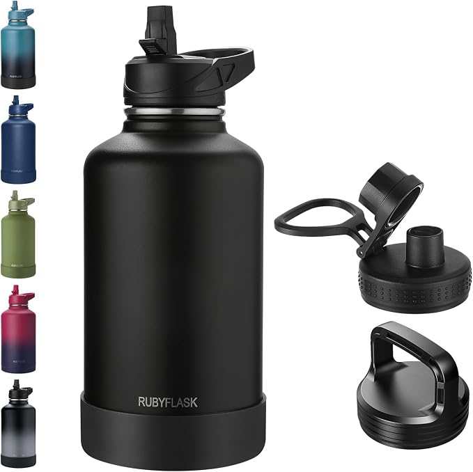 RUBYFLASK 64 oz Insulated Stainless Steel Water Bottle with Straw | Half Gallon Large Vacuum Metal Water Jug with 3 Lids, Wide Mouth Thermal Flask With Handle and Silicone Boot, Black