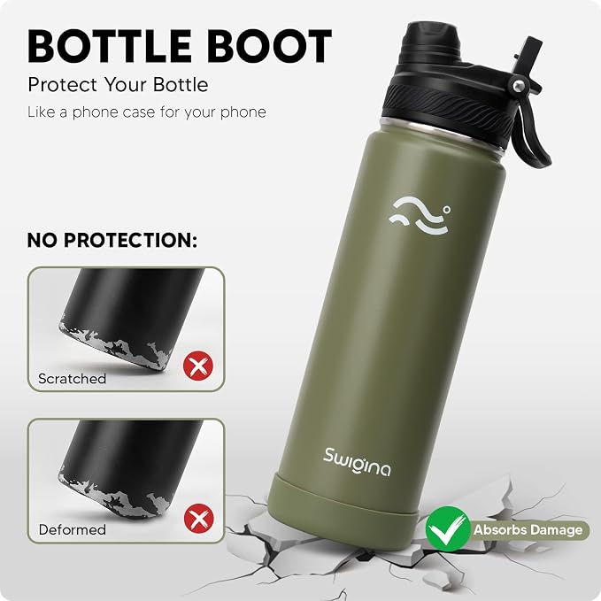 Swigina [2-IN-1 LID] Insulated Water Bottle with Silicone Boot (36hrs Cold/18hrs Hot) - DIY Stickers, Leakproof, BPA Free, 24 oz