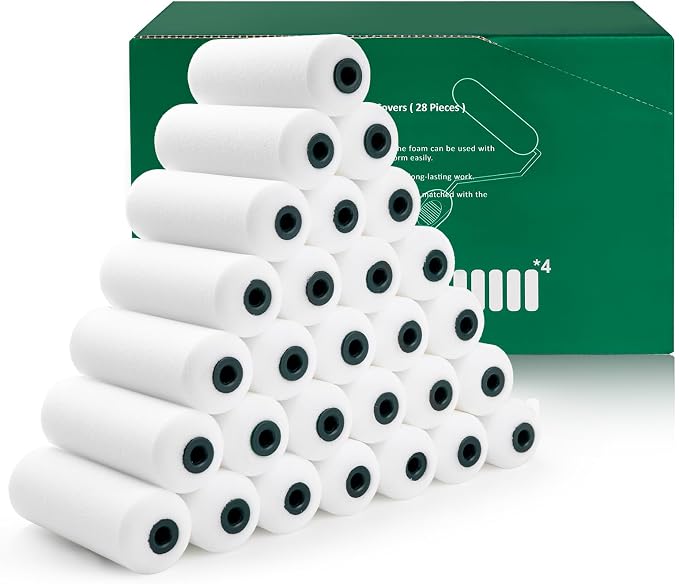 4 Inch Foam Paint Roller Covers 28 Pack | Small Paint Roller Kit, High Density Foam Paint Roller Covers, Mini Paint Rollers for Painting Walls, Home Painting Supplies
