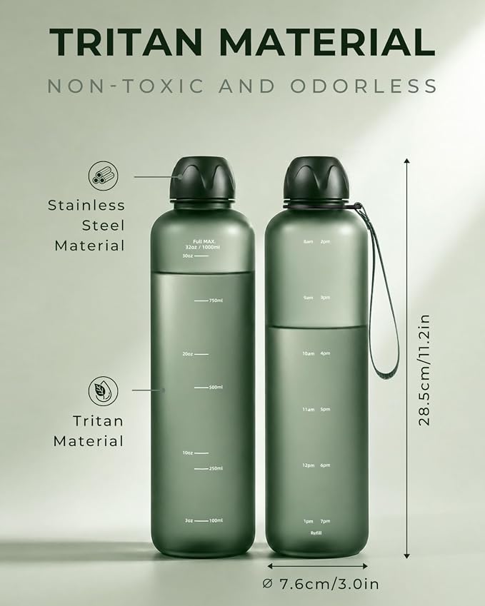 Slim Water Bottle 32 OZ with Stainless Steel Lid, Dishwasher Safe 1 Liter Plastic Water Bottle BPA-Free, Leakproof Lightweight with Time Marker, Reusable for Running School Sport Gym Travel Hiking