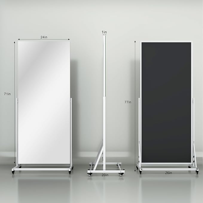 77" x 26" Full Length Rolling Mirror on Wheels, 360° Rotation | Tempered glass & metal frame, lockable rolling casters, sturdy stand, ideal for bedroom, dance studio & home gym.