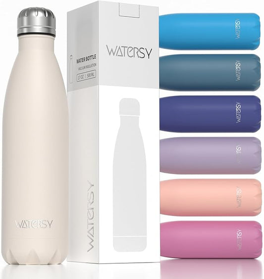 WATERSY Stainless Steel water bottles,17oz/500ml Insulated Water Bottle | Ivory Beige metal water bottle Keeps Drink Cold and Hot,BPA Free kids water bottles for School,Gym,Travel,Sports