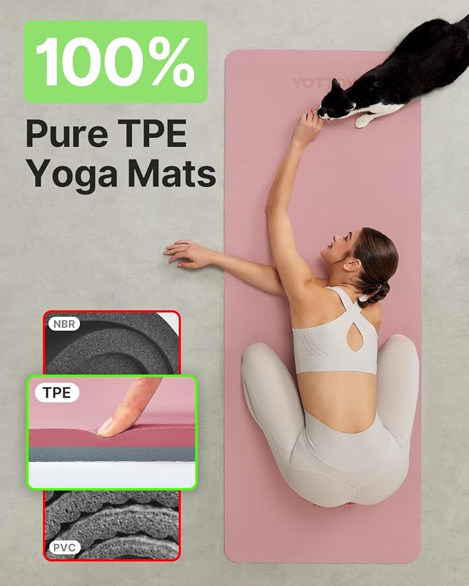 Yoga Mat,Non-Slip TPE Exercise Mat(1/4 Inch) for Pilates, Fitness & Barefoot Workouts, Home Gym Studio with Strap & Bag