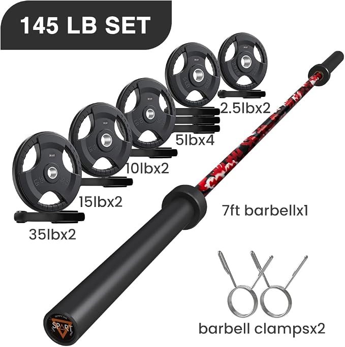 7FT Olympic Barbell Bar with Weight Plate Set Combo, Solid Olympic Bar with Bearings, 700Lbs Capacity Weight Bar for Home Gym Strength Training, Weightlifting, Powerlifting, Fit for 2" Olympic Plates