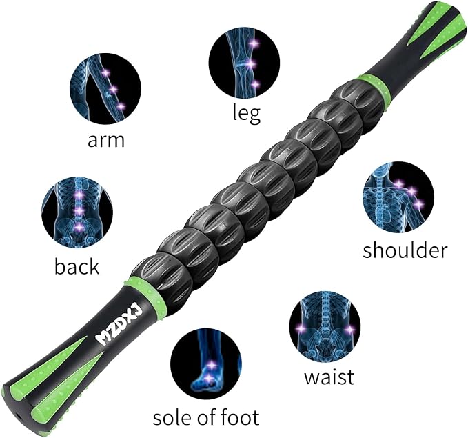 Muscle Roller Massage Roller Stick- Deep Tissue Fascia Blaster for Myofascial Pain Relief, Lymphatic Drainage & Body Sculpting, Handheld Physical Therapy & Recovery Tool (Green Black)