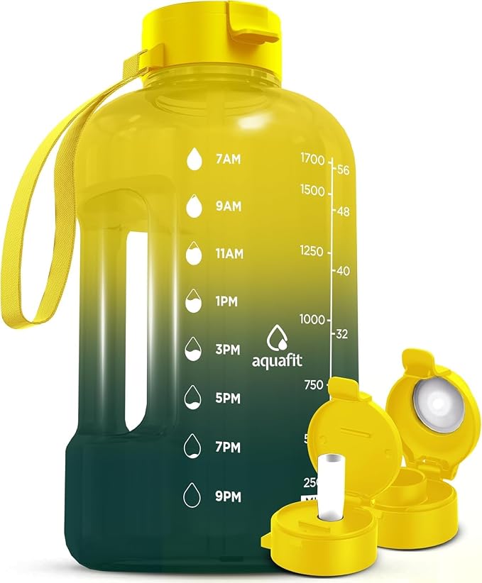 AQUAFIT Half Gallon Water Bottle with Time Marker | BPA Free Half Gallon Water Bottle with Straw and Chug Lids - Leakproof Gym Water Bottle with Carry Handle (Forest Fade)