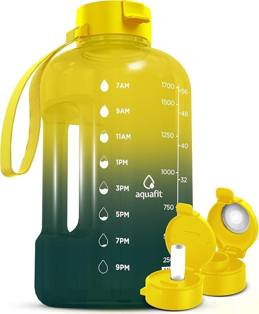 AQUAFIT Half Gallon Water Bottle with Time Marker | BPA Free Half Gallon Water Bottle with Straw and Chug Lids - Leakproof Gym Water Bottle with Carry Handle (Forest Fade)