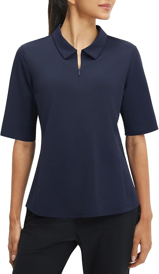 baleaf Womens Golf Shirts Half Sleeve Elbow Length Polo Tops | Stretch, Sun Protection UPF 50+, Quick Dry, Breathable, Moisture Wicking, Quarter Zip V Neck, Ideal for Golf Work Casual