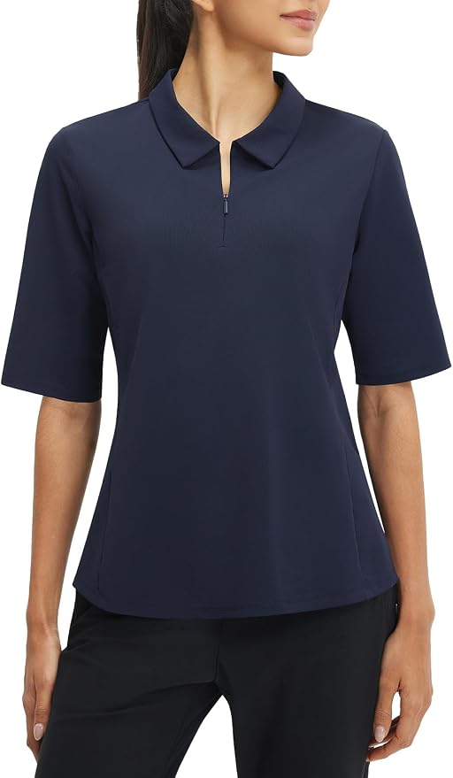 baleaf Womens Golf Shirts Half Sleeve Elbow Length Polo Tops | Stretch, Sun Protection UPF 50+, Quick Dry, Breathable, Moisture Wicking, Quarter Zip V Neck, Ideal for Golf Work Casual