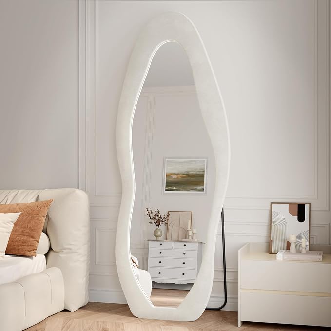 Full Length Mirror, 71"x30" Flannel Floor Mirrors with Stand | Flannel Floor Mirrors with Stand, Irregular Wavy Mirror Hanging or Leaning Against Wall for Bedroom Living Room, White