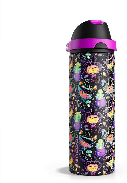 Insulated Water Bottle with Straw - Encool Stainless Steel Water Bottle with Push Button Lid, Leak-Proof & BPA-Free, Keeps Cold for 24 Hours for Sports, Travel, Gym (24 oz, Meowgic Night)