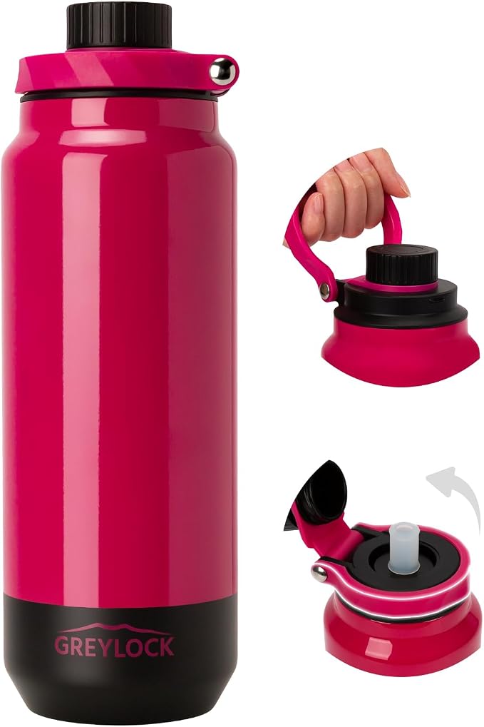 GREYLOCK 32 oz Insulated Water Bottle with Straw Lid, Leakproof Reusable Stainless Steel Vacuum Flask, 24hr Cold & Hot, Carry Handle & Silicone Spout, BPA-Free for Gym, Hiking, Travel, Red