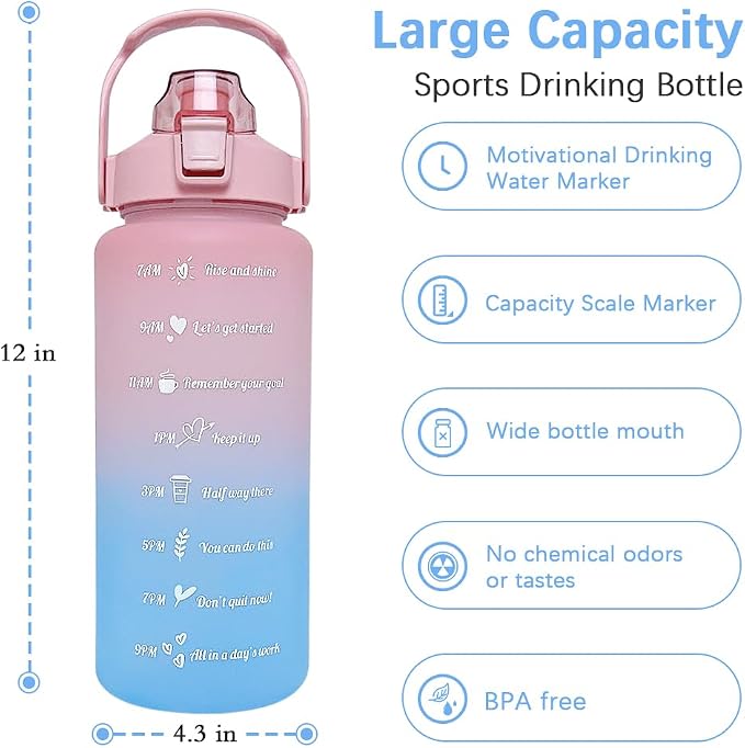64 oz Large Capacity Water Bottle with Motivational Time Markers and Straw, Portable, Leakproof, BPA Free for Fitness, Gym and Outdoor Sports. (Pink)