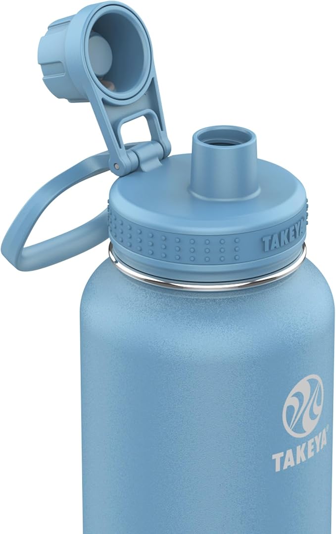 Takeya Actives Stainless Steel Water Bottle, Insulated Spout Lid, Keeps Drinks Cold 24 Hrs, Leakproof, Durable, Dishwasher Safe, Ideal for Gym, Travel, Fits Most Cup Holders, 40 oz/Bluestone