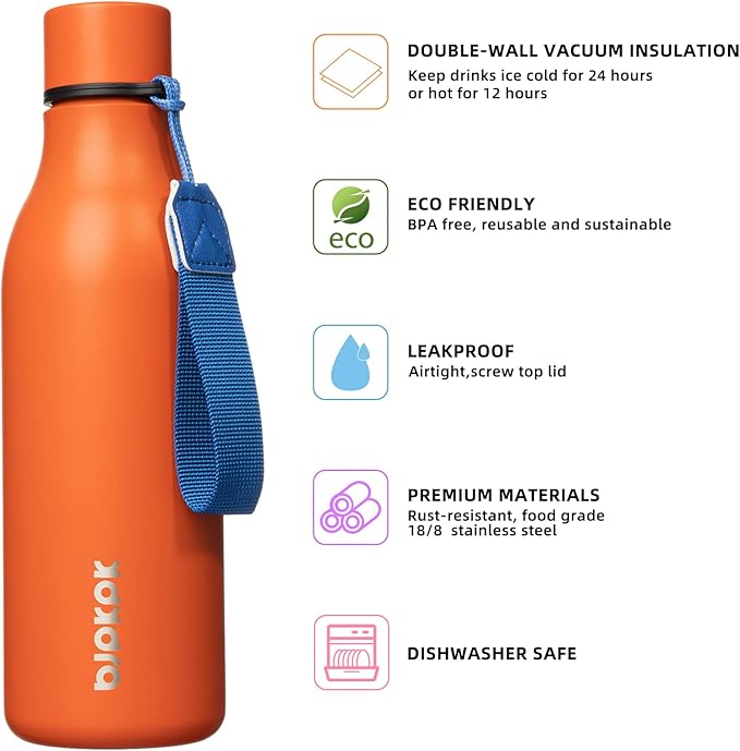 BJPKPK 18oz Insulated Water Bottle, Stainless Steel Bottle with Carry Strap | Keep Cold & Hot Vacuum Insulation, Leak-Proof BPA-Free Design, Slim Bottle Fits Most Cup Holders for Gym, Office & Travel