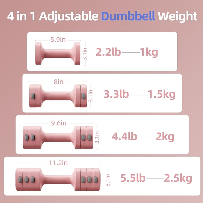 Lightweight Adjustable Dumbbell Kettlebell Set - 4 in 1 Free Weight Set with Kettlebell Grip Converter, Each 2.2 3.3 4.4 5.5lb Quick Change Weight Women Dumbbell Set for Small Spaces Home Gym
