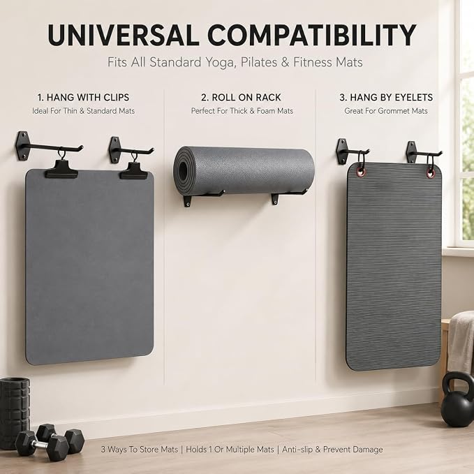 Heavy Duty Yoga Mat Holder Wall Mount & 2 Clip - for All Yoga Pilates | Yoga Mat Holder, Hanging Exercise Mat Storage Rack for All Fitness Mats, Space Saving(<20 lbs)