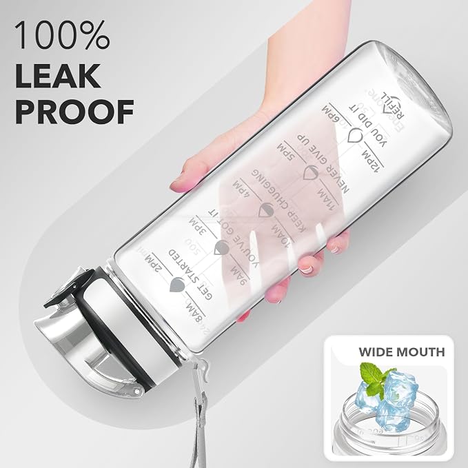 Enerbone Water Bottle, Leakproof BPA & Toxic Free, Motivational Water Bottle with Times to Drink and Straw, Fitness Sports Water Bottle with Strap for Office, Gym, Outdoor Sports
