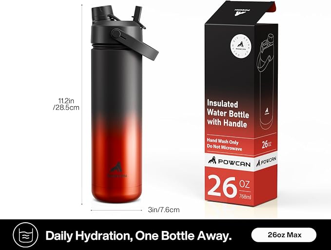 POWCAN 26 oz Insulated Water Bottle with 2-in-1 Straw and Spout Lid, Keep Cold 24H, Leak-Proof, Fits in Car Cup Holder, Stainless Steel Water Bottle for Sports, Travel, Gym, Gift, and School (Ace)