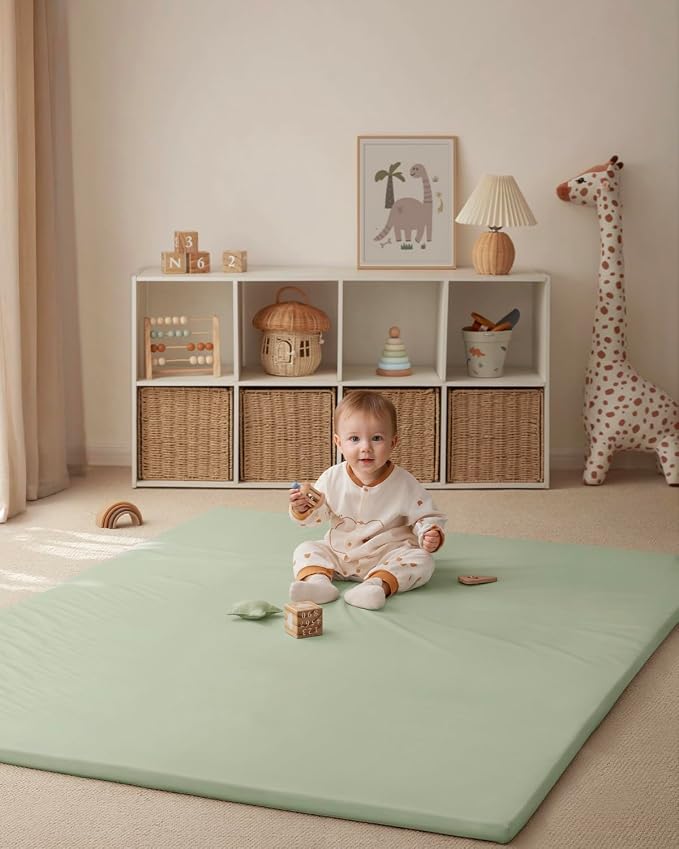 Blissful Diary Vegan Leather Baby Play Mat, 71''x59'', Light Green | thick cushion, safe and soft fabric, waterproof and wip clean, indoor use, non-slip bottom, stylish mordern decor