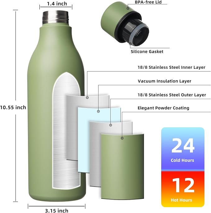 BJPKPK 25oz Insulated Water Bottle, Stainless Steel Bottle with Carry Strap | Keep Cold & Hot Vacuum Insulation, Leak-Proof BPA-Free Design, Slim Bottle Fits Most Cup Holders for Gym, Office & Travel