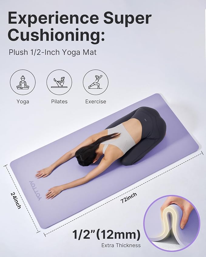 YOTTOY Yoga Mat，Extra Thick Yoga Mat (1/2inch),Professional TPE Exercise Mat,Non-Slip Workout Mat for Yoga, Pilates, Fitness, Barefoot Workouts, Home Gym Studio with Strap
