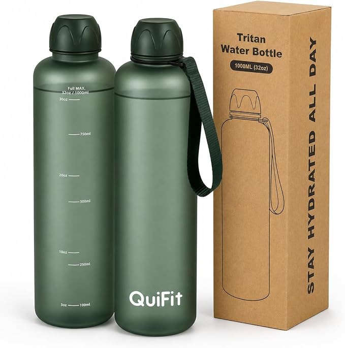 Slim Water Bottle 32 OZ with Stainless Steel Lid, Dishwasher Safe 1 Liter Plastic Water Bottle BPA-Free, Leakproof Lightweight with Time Marker, Reusable for Running School Sport Gym Travel Hiking
