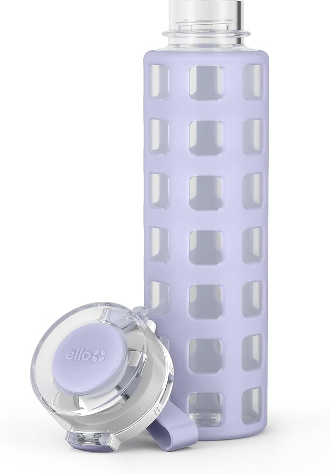 Ello Syndicate 20oz Glass Water Bottle with Flip Lid and Sleeve, Celeste | Glass water bottle for iced drinks with leakproof flip lid, silicone sleeve, carry loop, BPA-free, and dishwasher safe