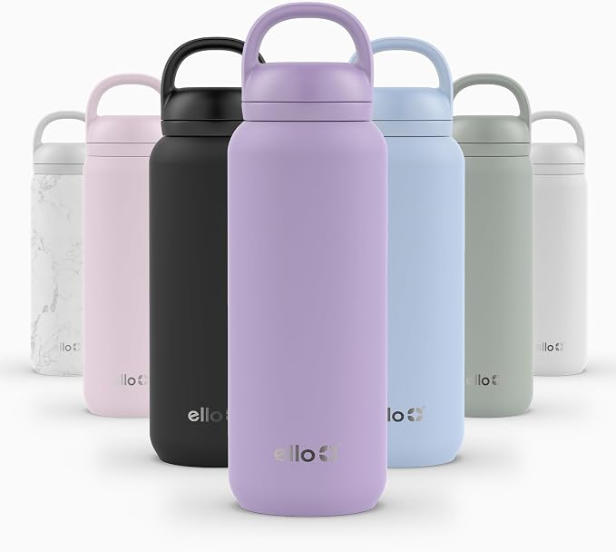 Ello Cooper Twist 32oz Insulated Stainless Steel Chug Water Bottle, Lilac | Leakproof water bottle with chug lid and carry loop. BPA-free, keeps drinks cold 32 hours, great for gym, travel, and school.