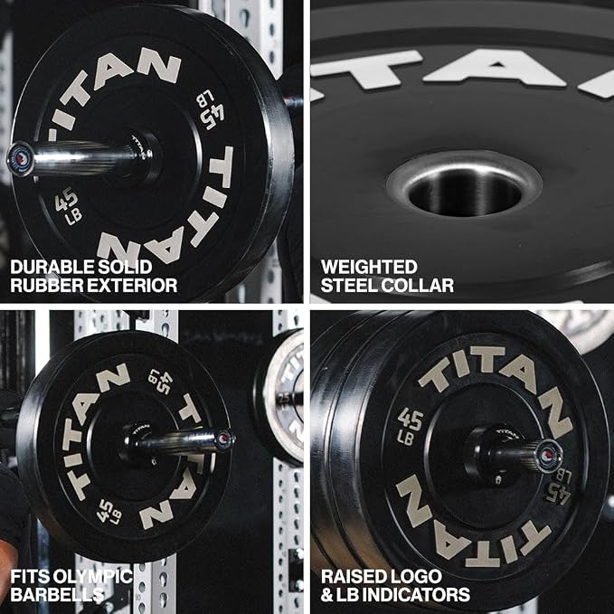 Titan Fitness Economy Series Black Olympic Bumper Plates, Durable Rubber Exterior with Steel Core, Weightlifting and Strength Training Weight Plate